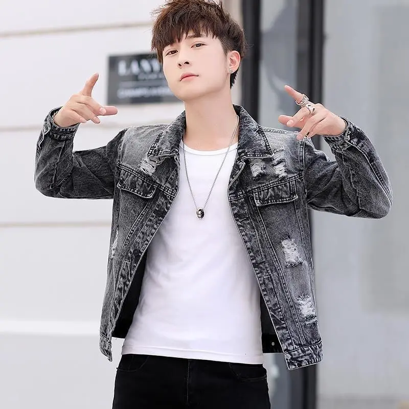 

Мужская джинсовая куртка с рваными пуговицами, фирменная ткань, модная повседневная оригинальная эстетичная модная мужская джинсовая куртка, быстрая доставка