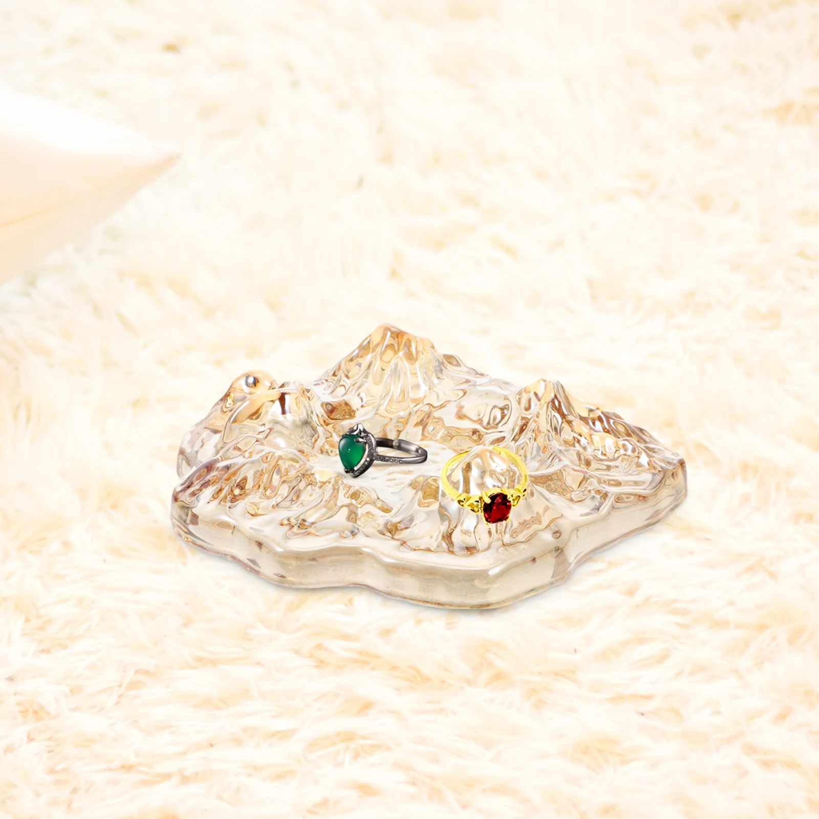 

Glass Jewelry Dish Light Brown Irregular Mountain Shape Jewelry Holder Tray Nightstand Dresser Vanity Decorative Display