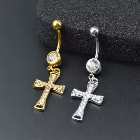 1pcs Rhinestone Cross Belly Button Ring Gold Color Silver Color Belly Button Ring Umbilical Navel Ring Body Piercing Jewelry