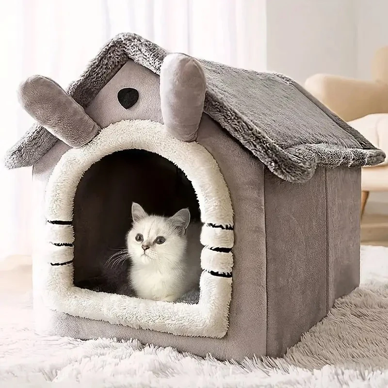 

Winter Warm Cat House Enclosed soft Cozy Plush Thick Removable Cover Cat Bed Stain Resistant Small Dog indoor Pet Sleeping Cave