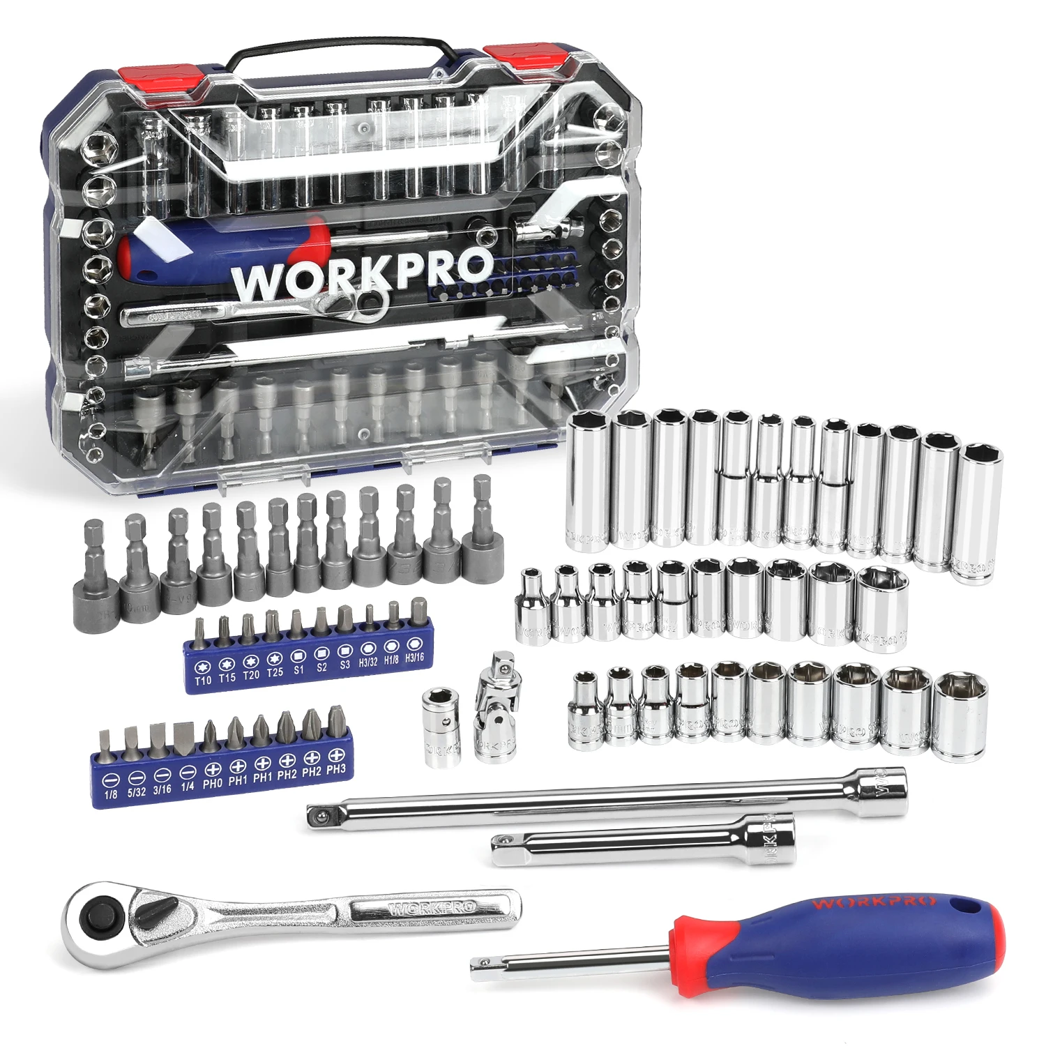 

WORKPRO 69PC 1/4" Ratchet Wrench and Screwdriver Bits Set Sockets Set Hex Torque Quick Release Ratchet Wrench Handle Repair Tool