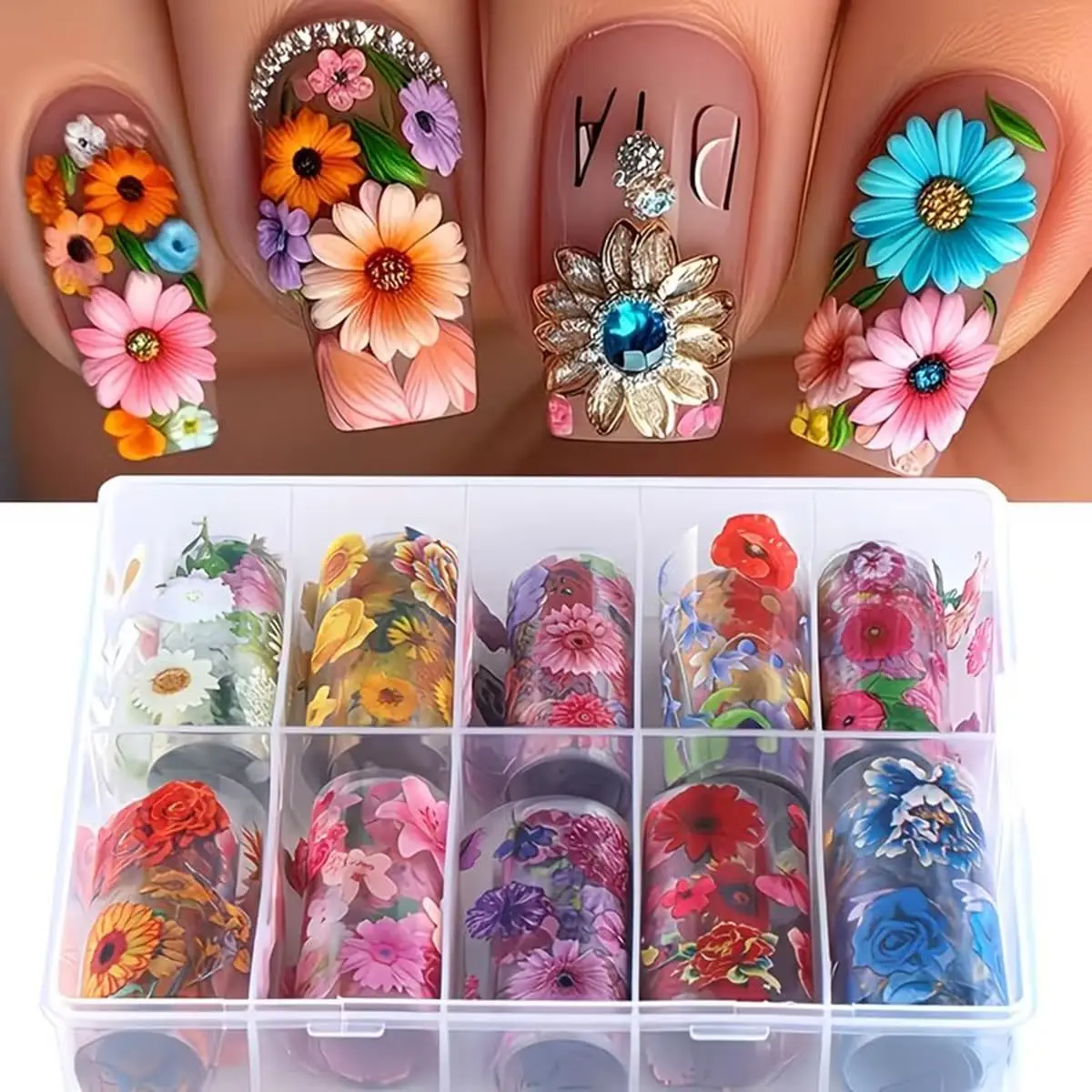 10 Rollen Retro Bunte Spitzenfolien-Transfer-Nagelaufkleber Braun Blau Rot Hohle Spitzen-Nagelsticker Sternenhimmel-Folien Nagelaufkleber D4
