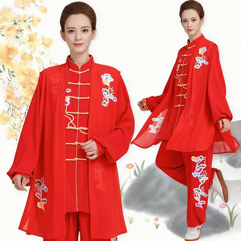 Tai Chi Clothes Women Wushu Clothing Kung Fu Dress Performance Martial Art Uniform Three Pieces Red Free Shipping 2022 New Style