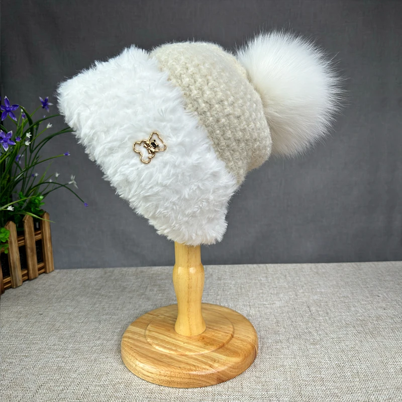 Plus size fur pompom hats High quality winter hat Cap for women girl exquisite bear decoration travel Hat Thick beanies ﻿