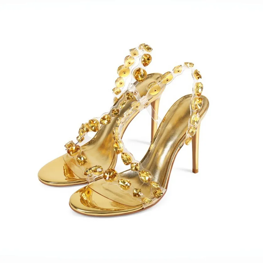 New Shiny Rhinestone High Heel Sandals Clear Transparent PVC Ankle Strap Stilettos Multi Color Crystal Open Toe