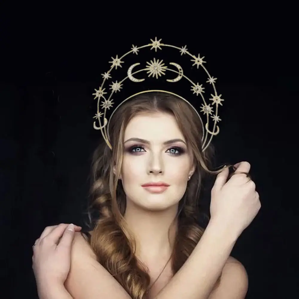 Diadema de Estrella de Cristal Dorada y Plateada, Tiara de Seis Estrellas con Diamantes, Corona Nupcial Brillante de Tres Capas, Banda para el Cabello Multicapa