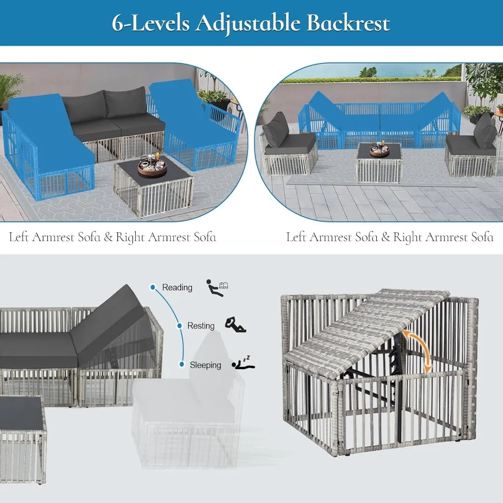 7-delige terrasmeubilairset, rieten sectionele conversatiebankset voor buiten met verstelbare rugleuningbank