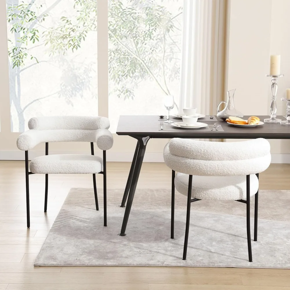 

Набор из 2 обеденных стульев-бочонков, современные обеденные стулья Boucle с изогнутой спинкой и подлокотником, мягкий стул с акцентом для кухни,