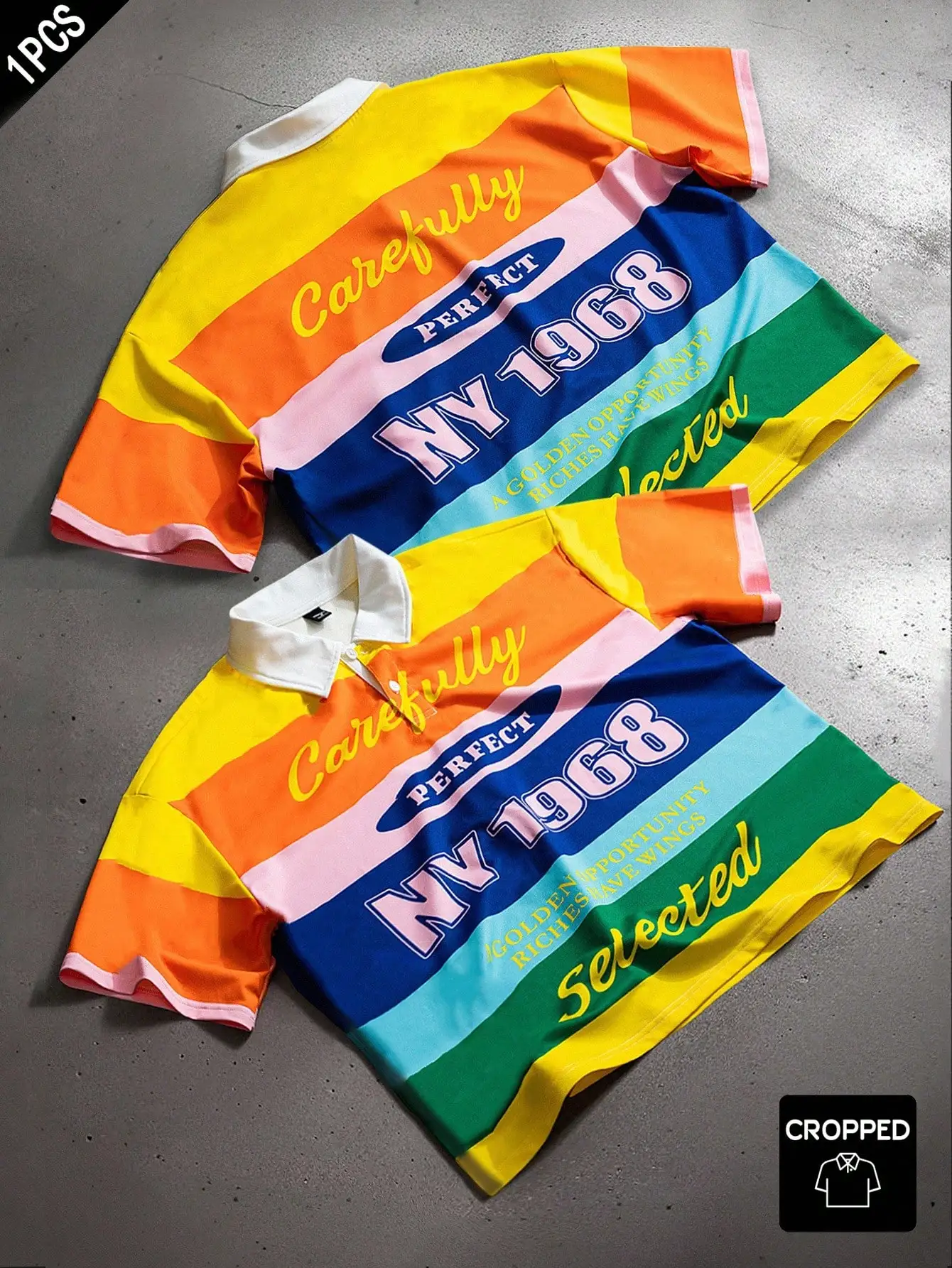 

Мужская укороченная рубашка-поло с графическим принтом и цветовыми блоками, свободный крой, уличный стиль