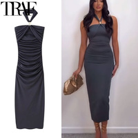 TRAF Halter Womens Dresses Off Shoulder Party Dresses Woman 2025 Corset Ruched Long Dress Summer Bodycon Backless Sexy Dress 088