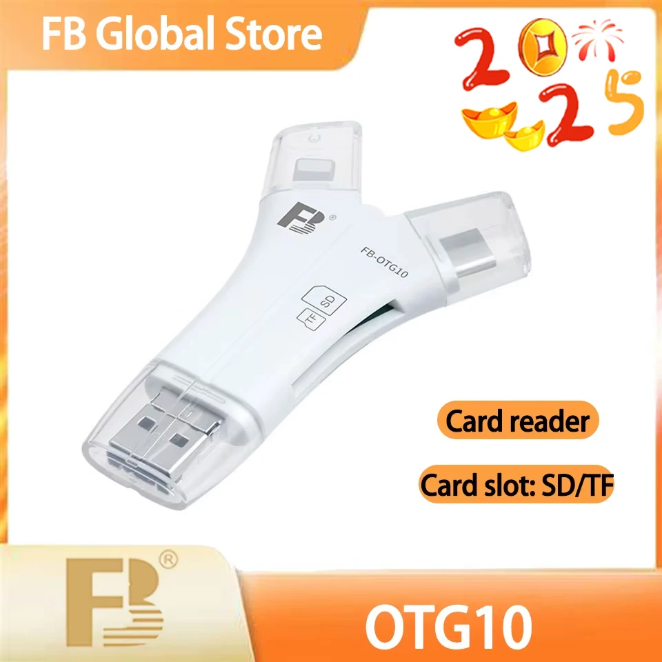 FB OTG10 4 in 1 Y-type Card Reader Lightning Type-C Micro USB USB-A Port Supports TF SD Card for Data and Photo Transmission