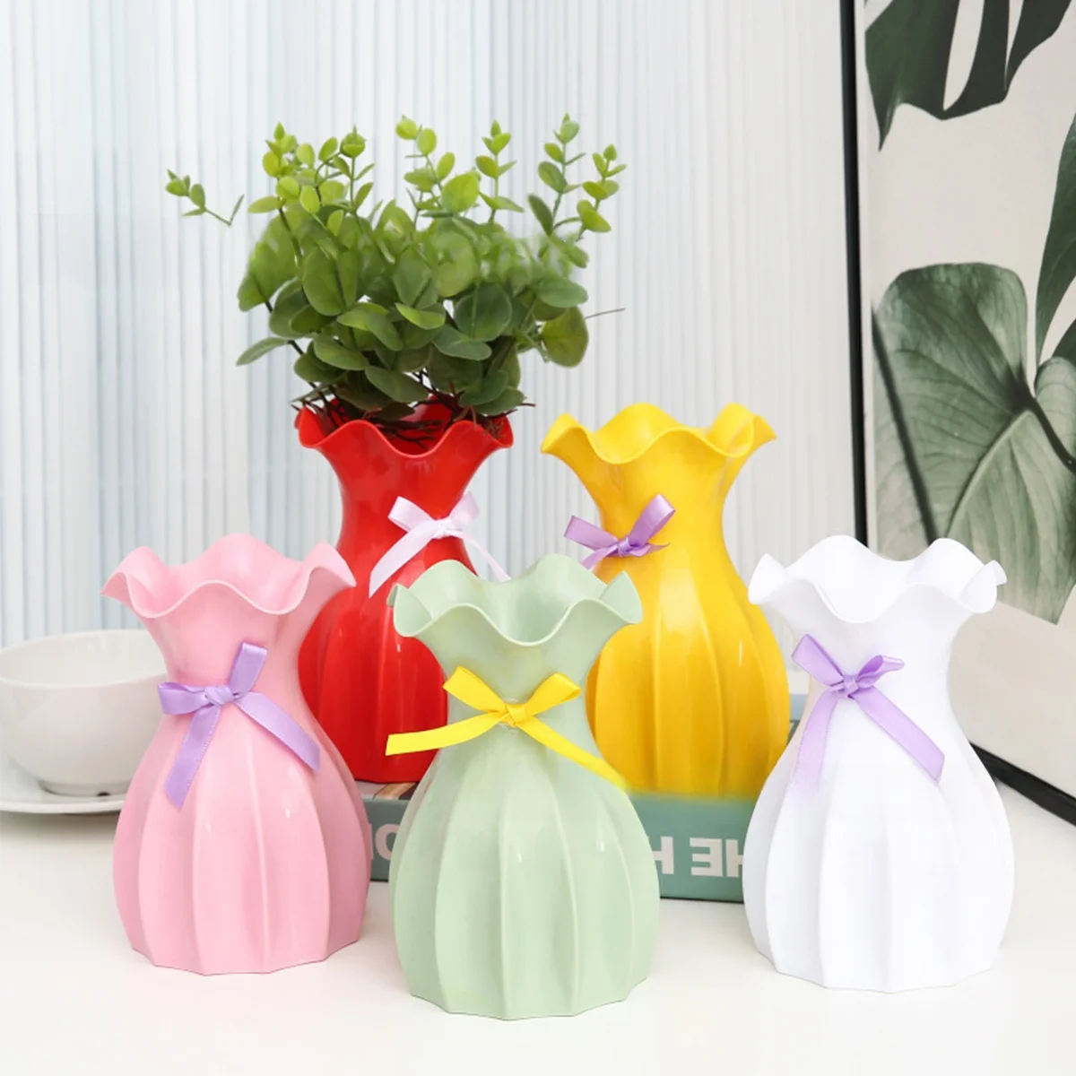 1PC Lotus Blatt Rand Bogen Kunststoff Vase Hause Büro Blume Anordnung Dekoration Handwerk Hochzeit Esstisch Zentrum Vase Ornament