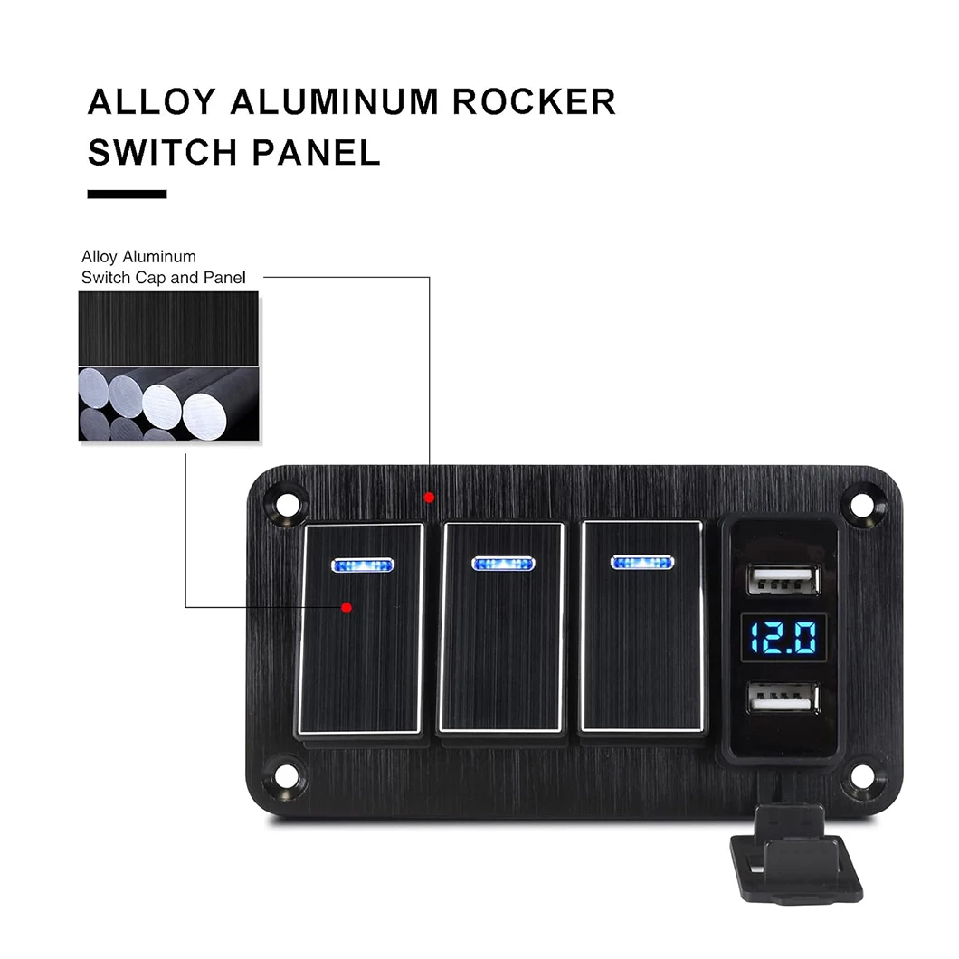 

4-бандовая алюминиевая панель кулисного переключателя с 4,8-амперным двойным USB-зарядным устройством Вольтметр Водонепроницаемый 12 В 24 В постоянного тока Кулисный переключатель с ночным свечением