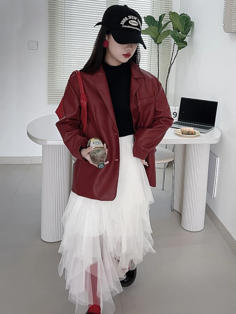 Girls Leather Blazer Spring Fall New Fashion PU Jacket Outerwear Loose Casual Teenage Kids Tops Clothes 13 14 15 Years Dark Red