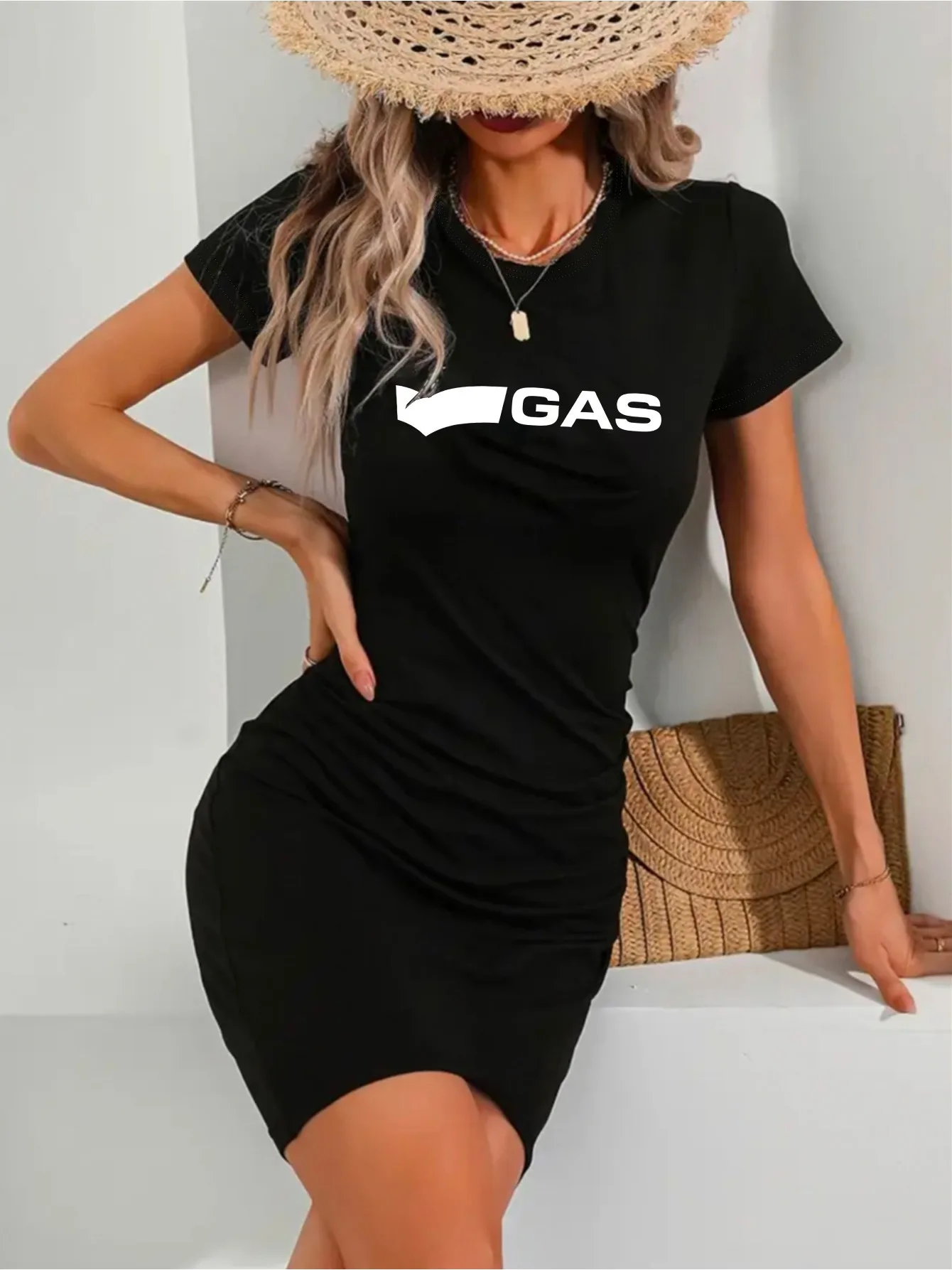 

Женское спортивное повседневное платье-футболка больших размеров с графическим принтом ГАЗ, удобное платье с круглым вырезом и короткими рукавами для отдыха, дышащая одежда