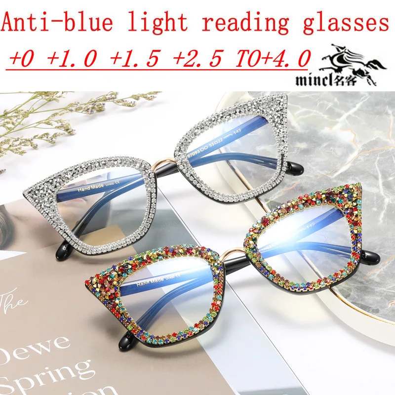 Fashion Women Cat Eye Reading Glasses Bling Rhinestones Color Crystal Diamond Frame Eyewear Anti Blue Light Reader UV400 NX