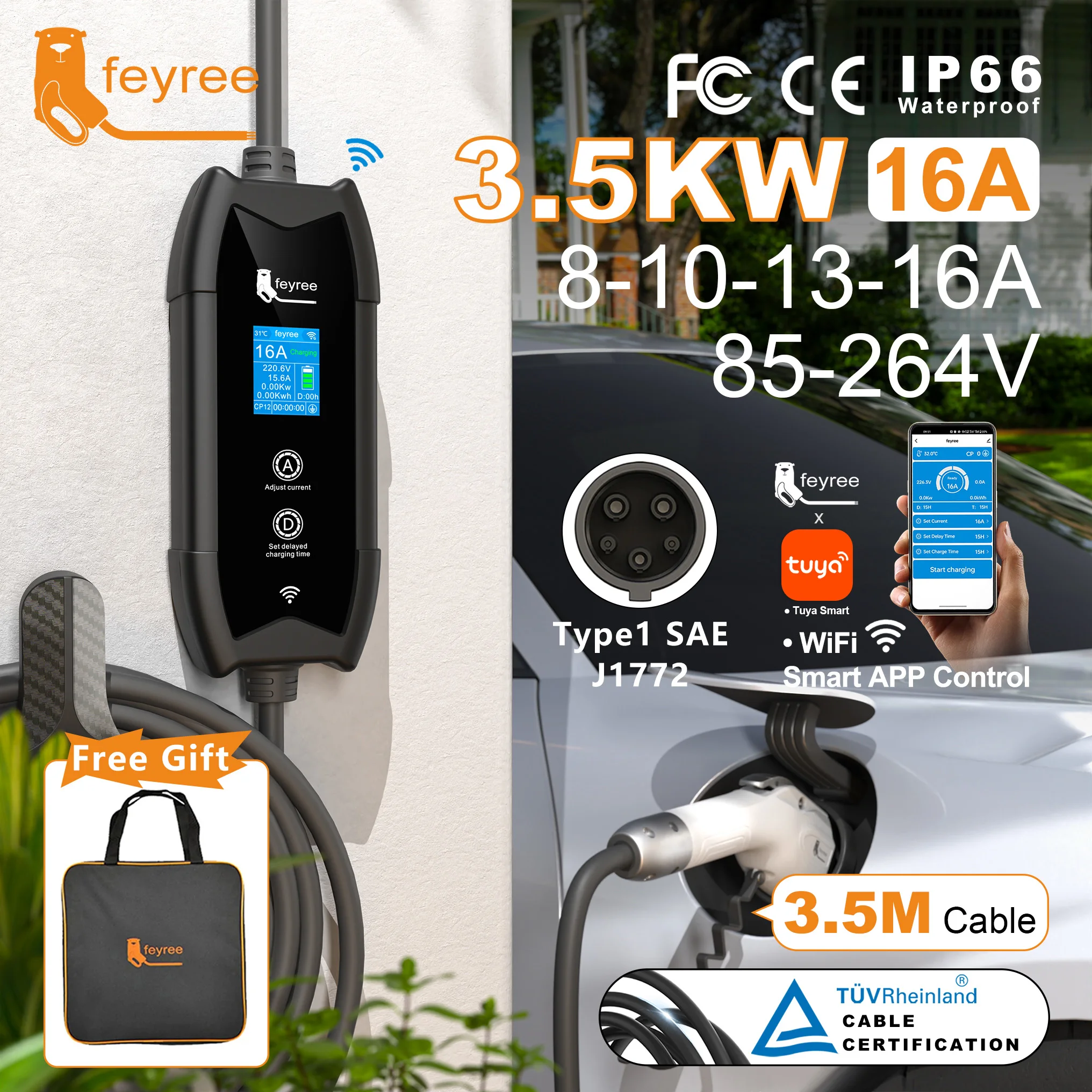 شاحن EV محمول من feyree Type1 كابل 3.5 متر مع WIFI Amart APP Control 16A 3.5kW مجموعة شحن ووقت تأخير لسيارات EV #6