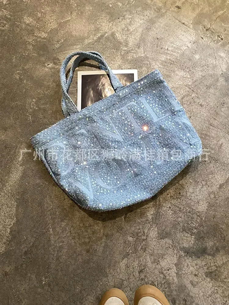 2024 새로운 신사 여성 편지 반짝이 세척 데님 가방 다목적 대용량 토트 백