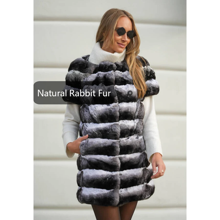 Gilet di pelliccia di coniglio donna inverno Rex Gilet di coniglio collo tondo Gilet di pelliccia lungo 2024 tendenza di alta qualità