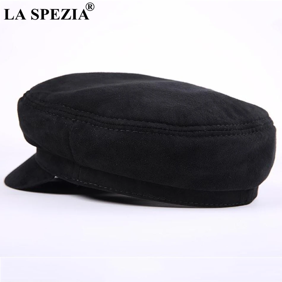 LA SPEZIA Genuine Leather Cap Men Newsboy Military Hats Vintage Women Brand Caps Black Classic Flat Hats Luxury Italian Brand