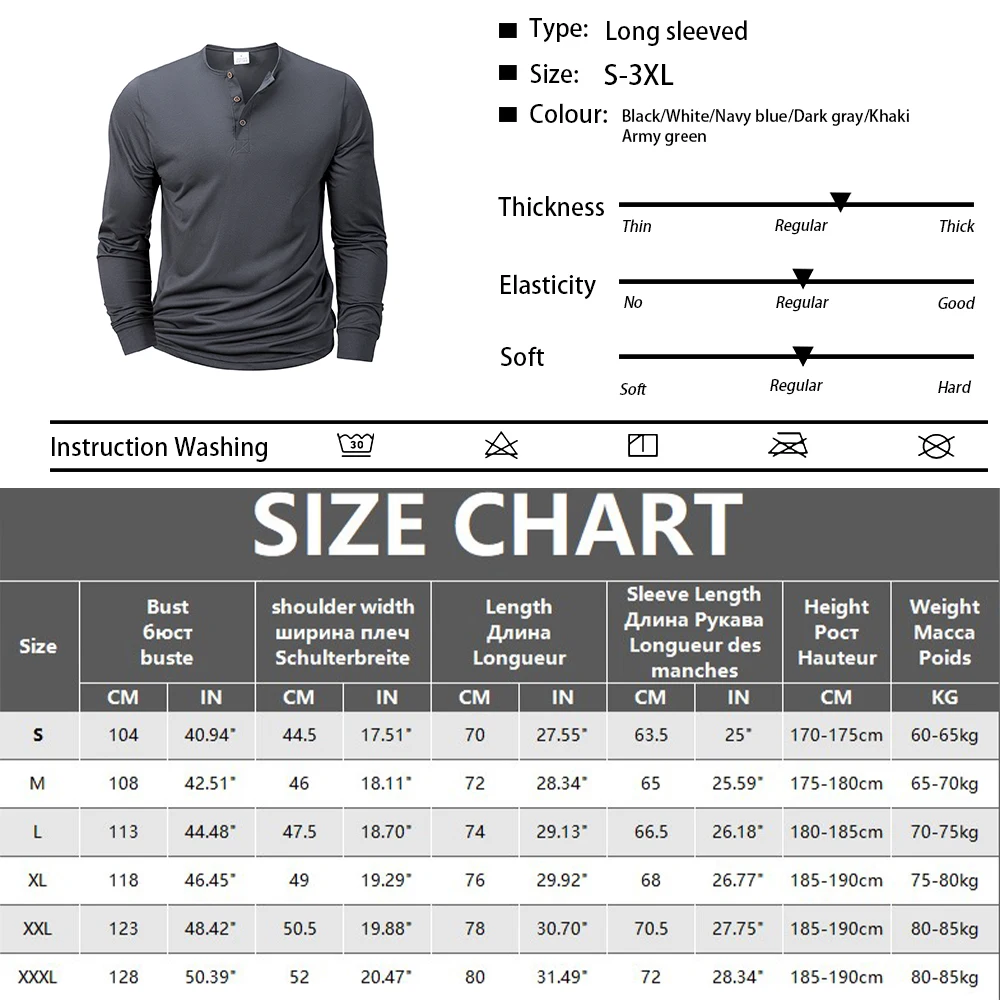 Langärmliges Herren-T-Shirt mit Henley-Ausschnitt, schmale Passform, Hemd, Fitness-Tops, T-Shirts, Knopfleiste, lässig, gemütlich – Detail 1