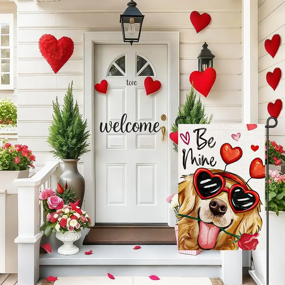 Valentines Day Garden Flag 12x18 Inch Double Sided, Cute Dog Lover Yard Sign with Heart Glasses and Rose for Front Porch, La uui