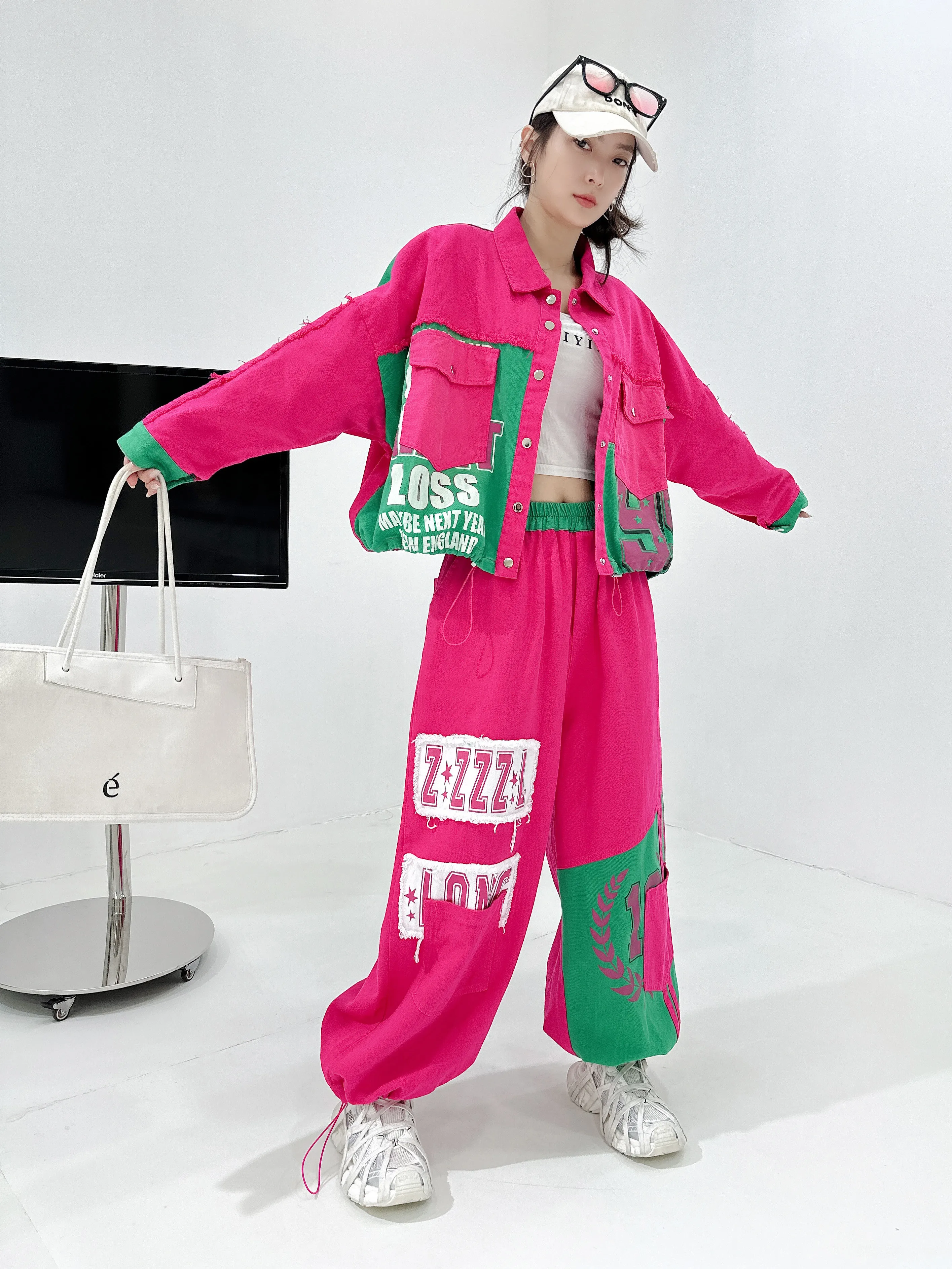 Fashion New Autumn Rose Pink Women Denim Set Patch Embroidery Single-breasted Cardigans Coat Elastic Waist Loose Lantern Pants