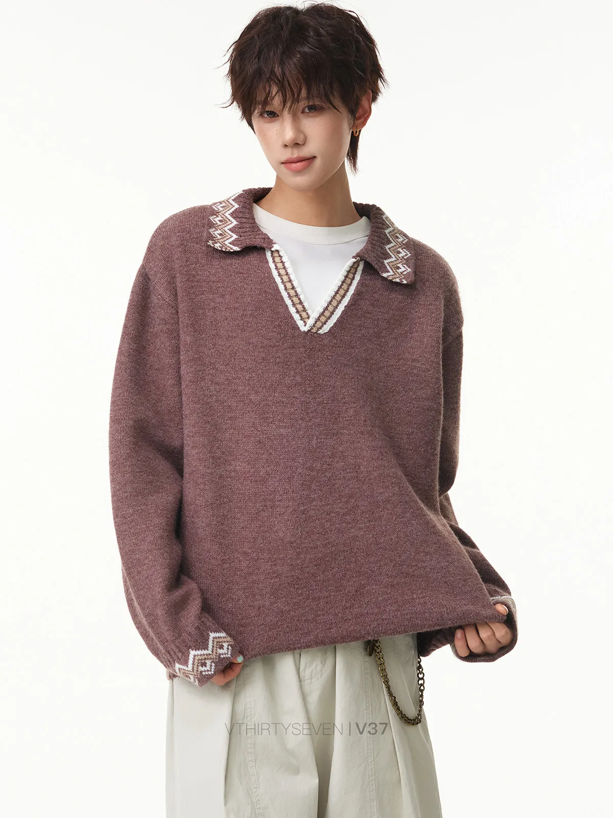 Contrast geometric pattern cashmere sweater men's autumn college style sweater Ferdinand loose top