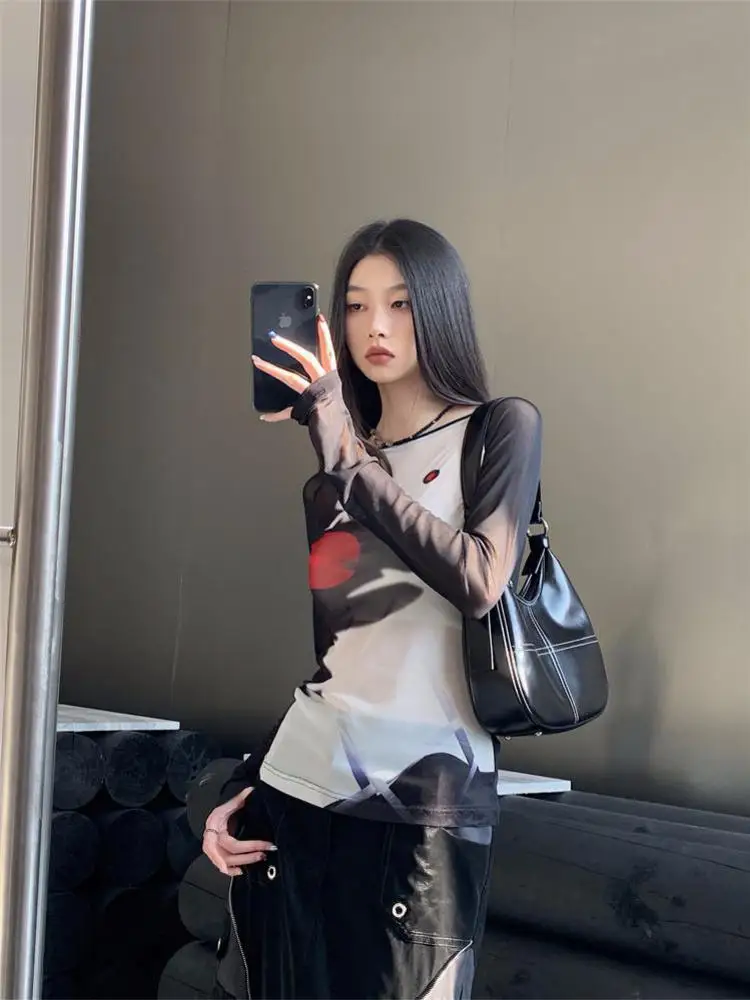 Yedinas Patchwork See Through Mesh Tops Spring Summer T Shirt Women Long Sleeve Y2k Streetwear Design Tee Shirt Femme Chic 2023