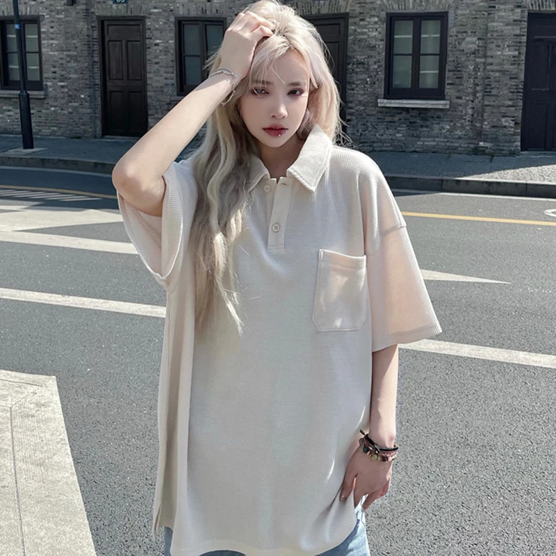 Waffle Vintage Polo Oversized Side Slit 2022 Summer Short Sleeve Women T Shirts Korean Pullover Japanese Fashion Harajuku Tops