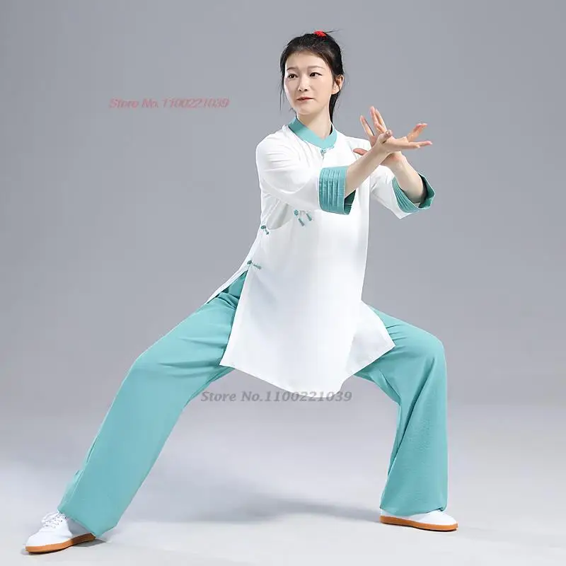 

2024 traditional chinese taichi wushu uniform kungfu exercise training practice clothing martial arts wingchun tops+pants set