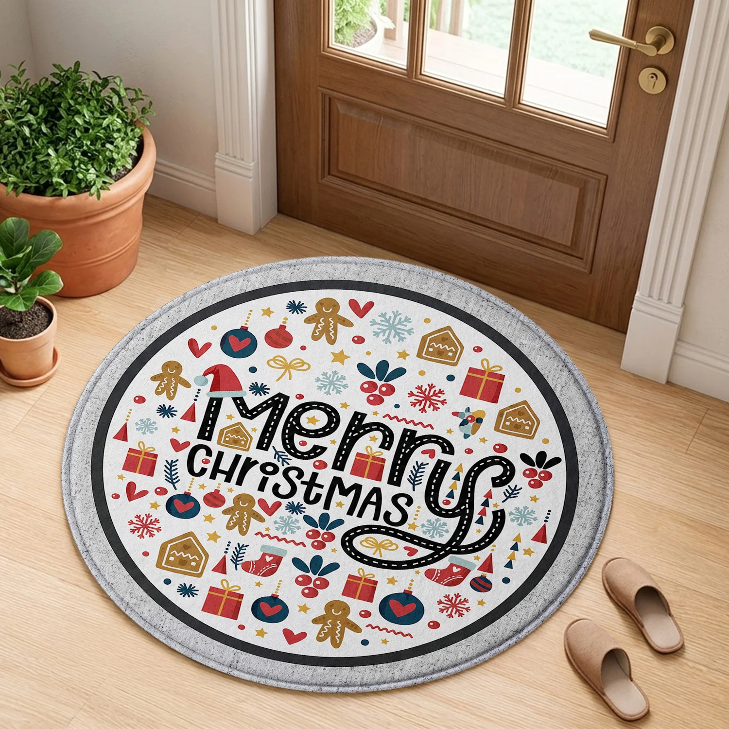 Merry Christmas Gingerbread Man Stocking Gift Box Snowflake Pattern Holiday Luxury Round Mat Elegant Area Rug Home Decor