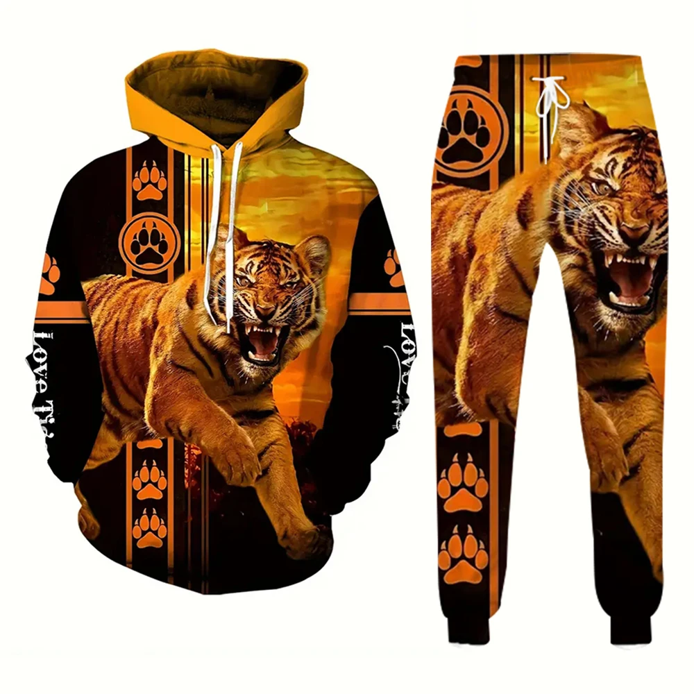 Vintage poderoso tigre 3d impresso agasalho masculino de duas peças jumper moda masculina outono/inverno casual mais moletom de rua