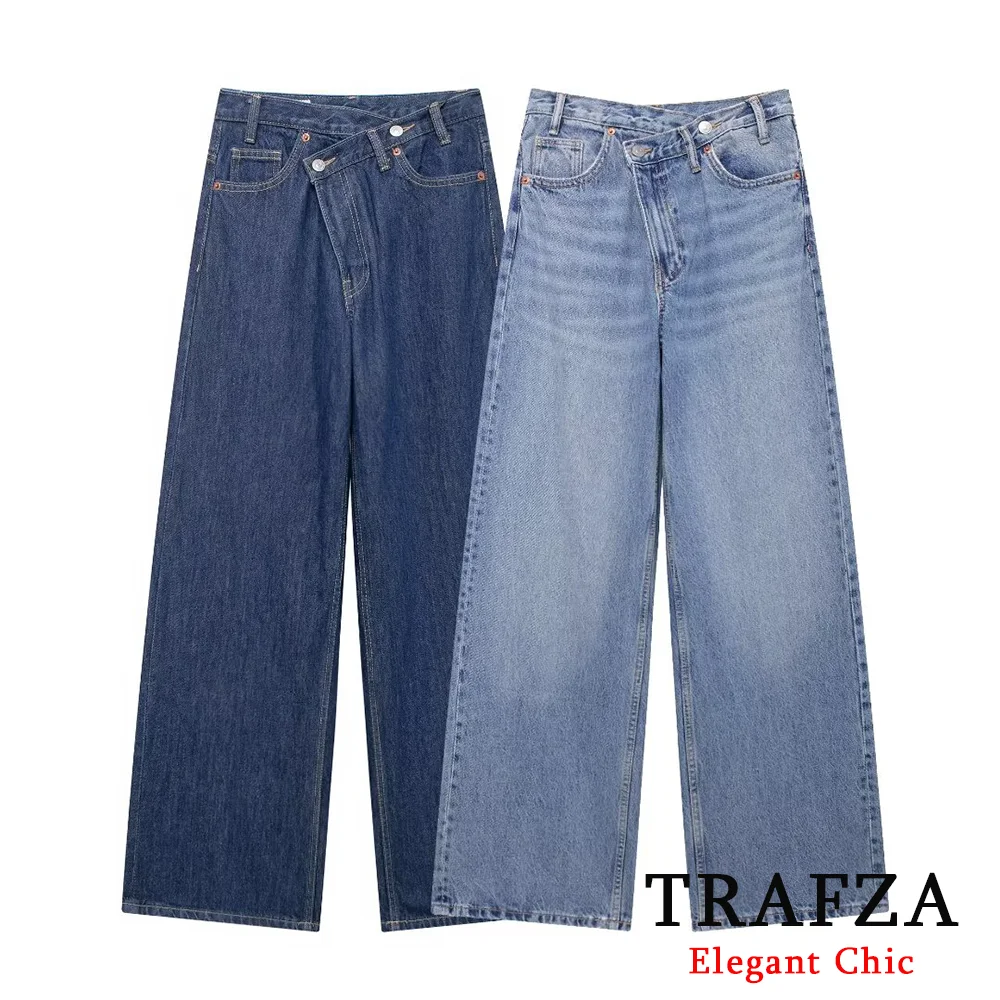 TRAFZA Basic Casual High-waist Wide-Leg Jeans Women Denim Zipper Pocket Loose Jeans New 2024 Spring Autumn Fashion office Jeans