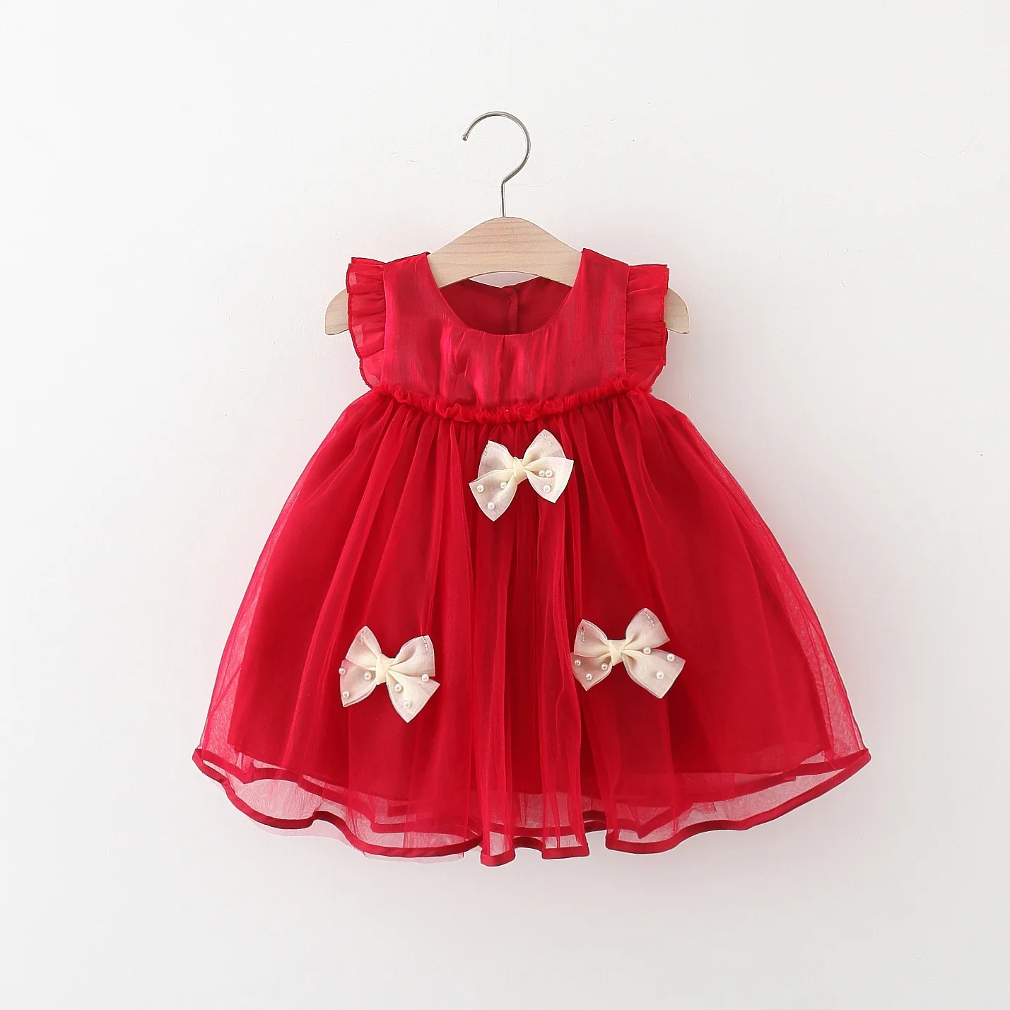 Girls Spring Dress New Korean Version Bow Small Flying Sleeves Baby Red Tank Top Skirt Sleeveless Spliced Mesh Princess Dress