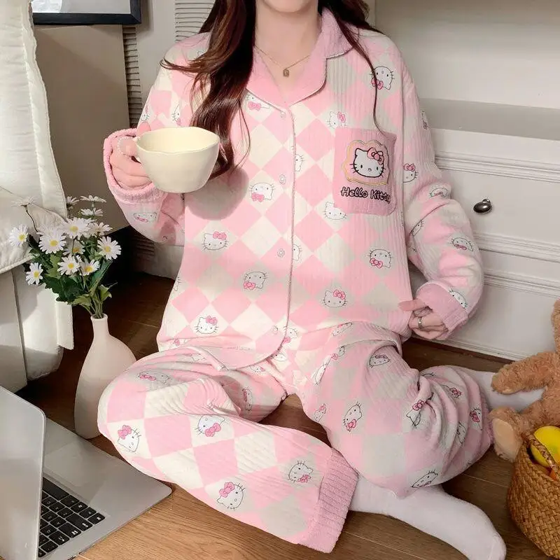 

Комплект пижам Sanrio Hello Kitty, женская домашняя одежда с утеплением, милый клетчатый теплый осенне-зимний комплект с мультяшным дизайном, уютный комплект для сна