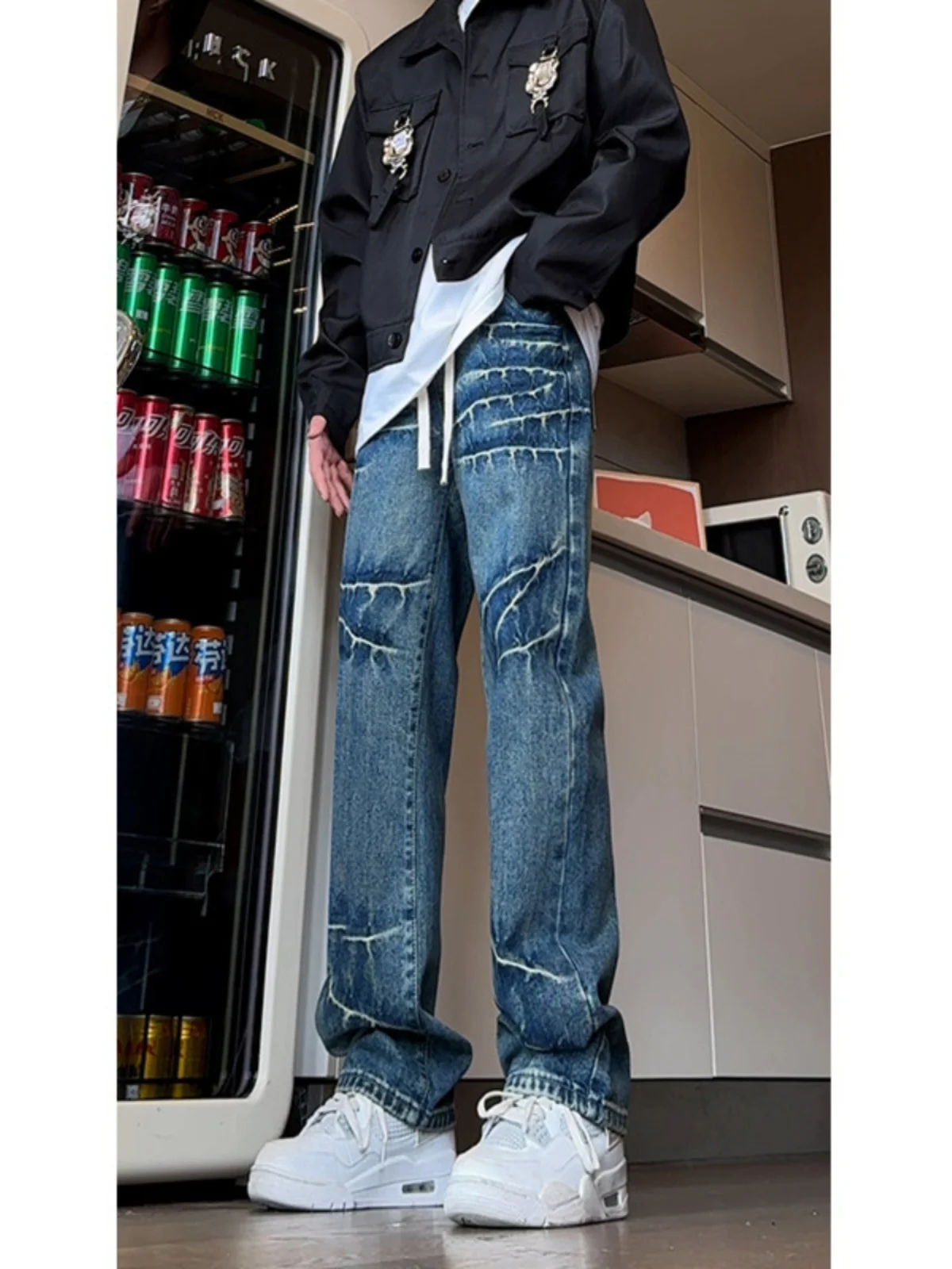 

Lightning Crack Pattern Men's Jeans High Waist Slim Straight Leg Trousers Retro Blue American Style Autumn Fashion