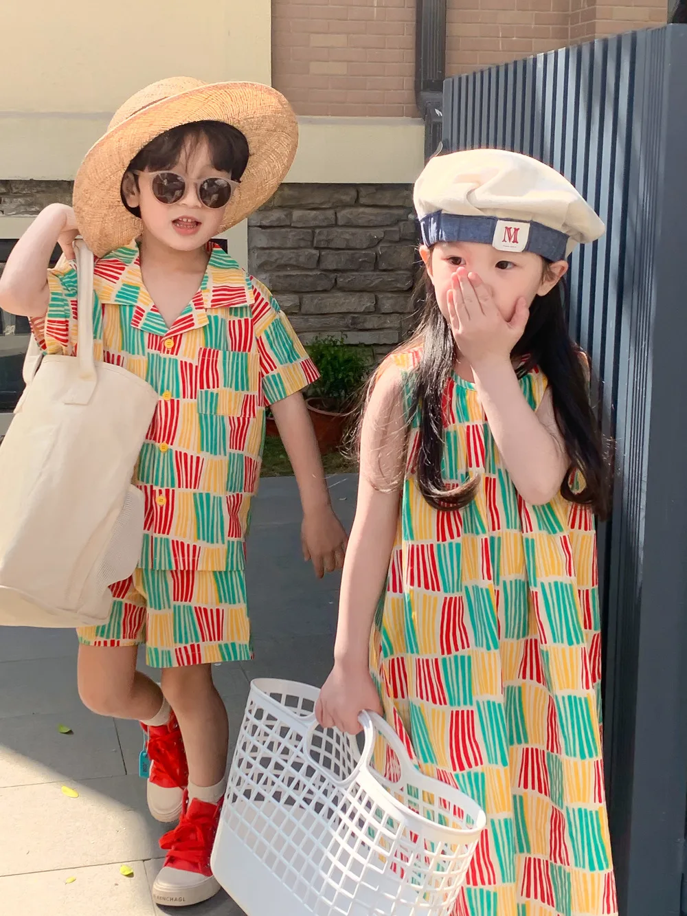 Children's Siblings clothing Summer Boys Girls Contrast Vertical Stripe Loose Short Sleeve Shorts Set Sleeveless Girls Skirt