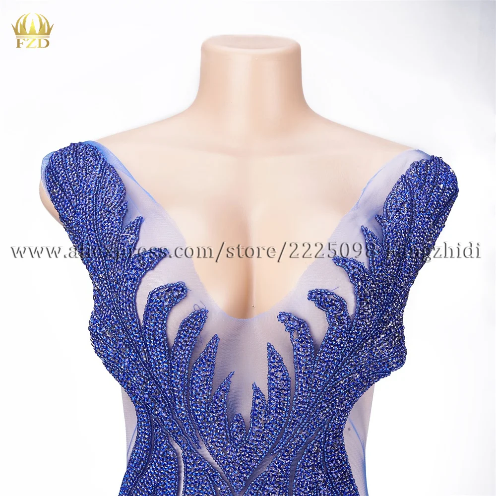 FZD 1 PCS Blue Crystal Beaded Rhinestone Stone Body Patch Appliques for Wedding Dress Rhinestone Mesh Lace Applique Patches DIY