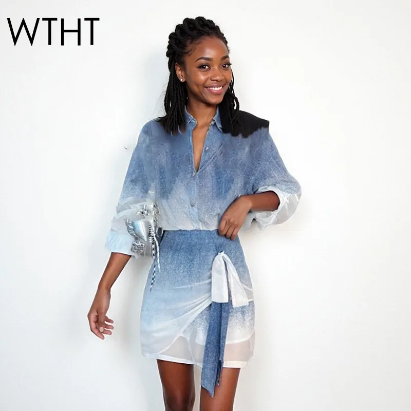 

WTHT Fashion Trendy Women's Suits Tie Dye Gradient Casual Shirt Bandage High Waist Mini Skirts Set Female 2025 Summer 1LS2344