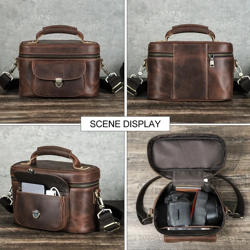 Leather Camera Bag Dark Sky Retro Crazy Horse Cowhide Hand-held Crossbody Camera Bag Multi-functional Travel Leather Storage Bag