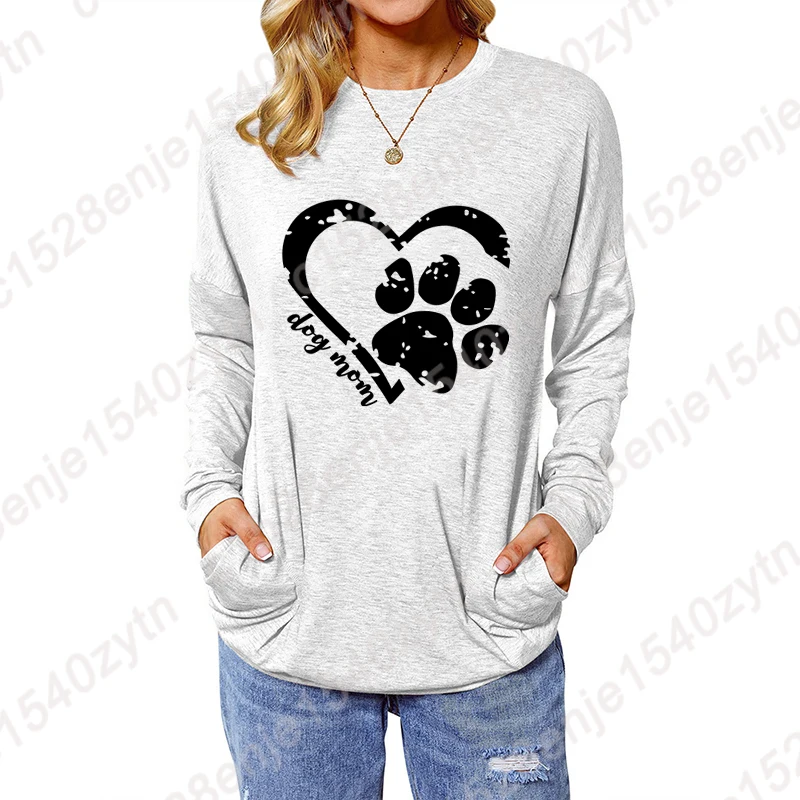 Fashion Blouse Women Long Sleeve T Shirt Heart Dog Paw Dog Mom Print Autumn Winter Sweatshirt Soft Loose Pullover O-Neck T-Shirt