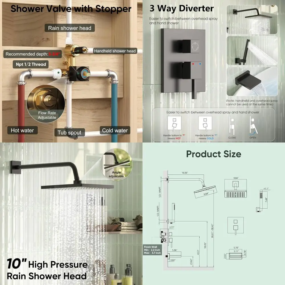 

10-дюймовая матовая черная душевая система с носиком для ванны, 3-ходовым клапаном, дождевой насадкой и ручным распылителем