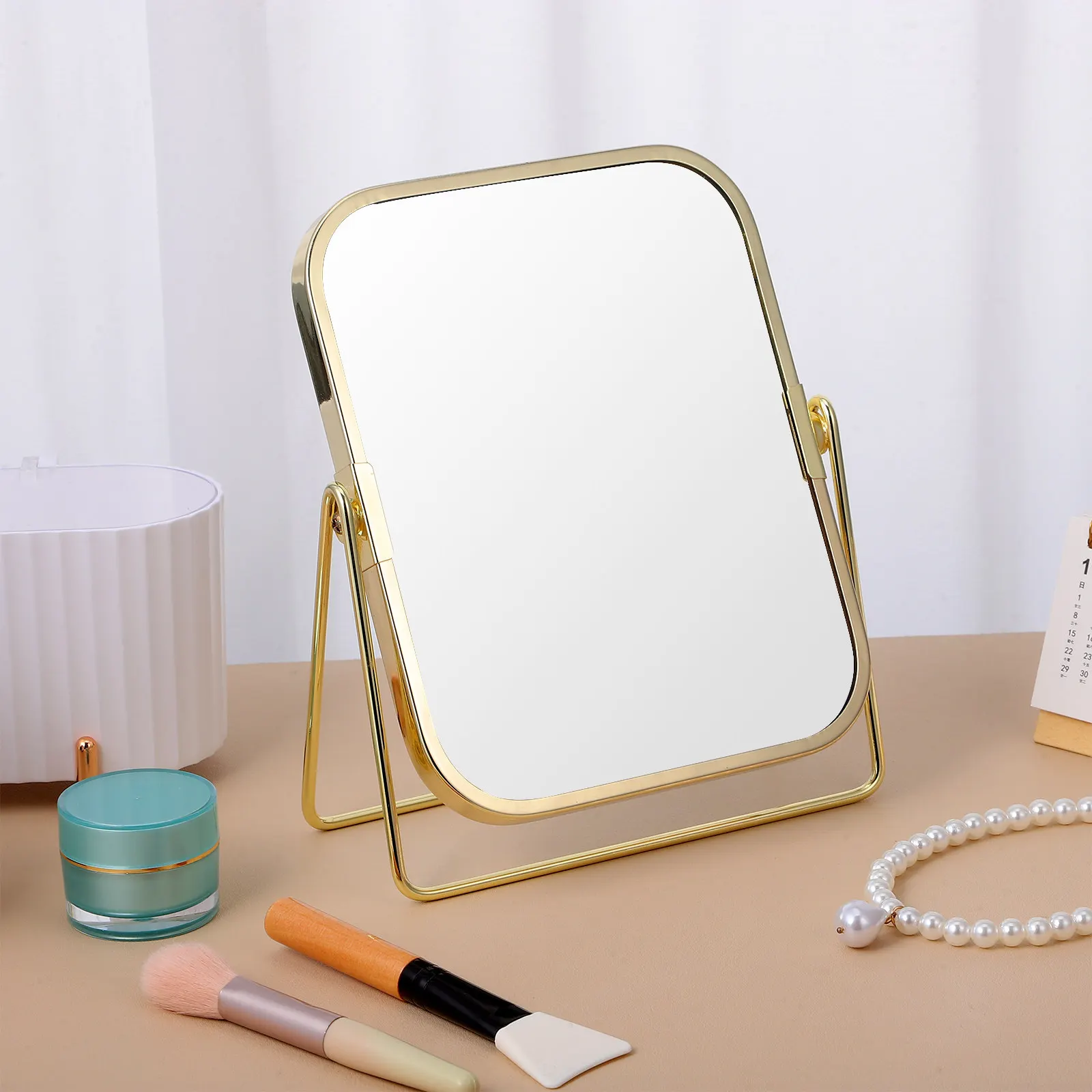

Double Sided Makeup Mirror 360 Degree Rotation Stylish Metal Stand Tabletop Mirror for Vanity Dresser Modern Home Decoration