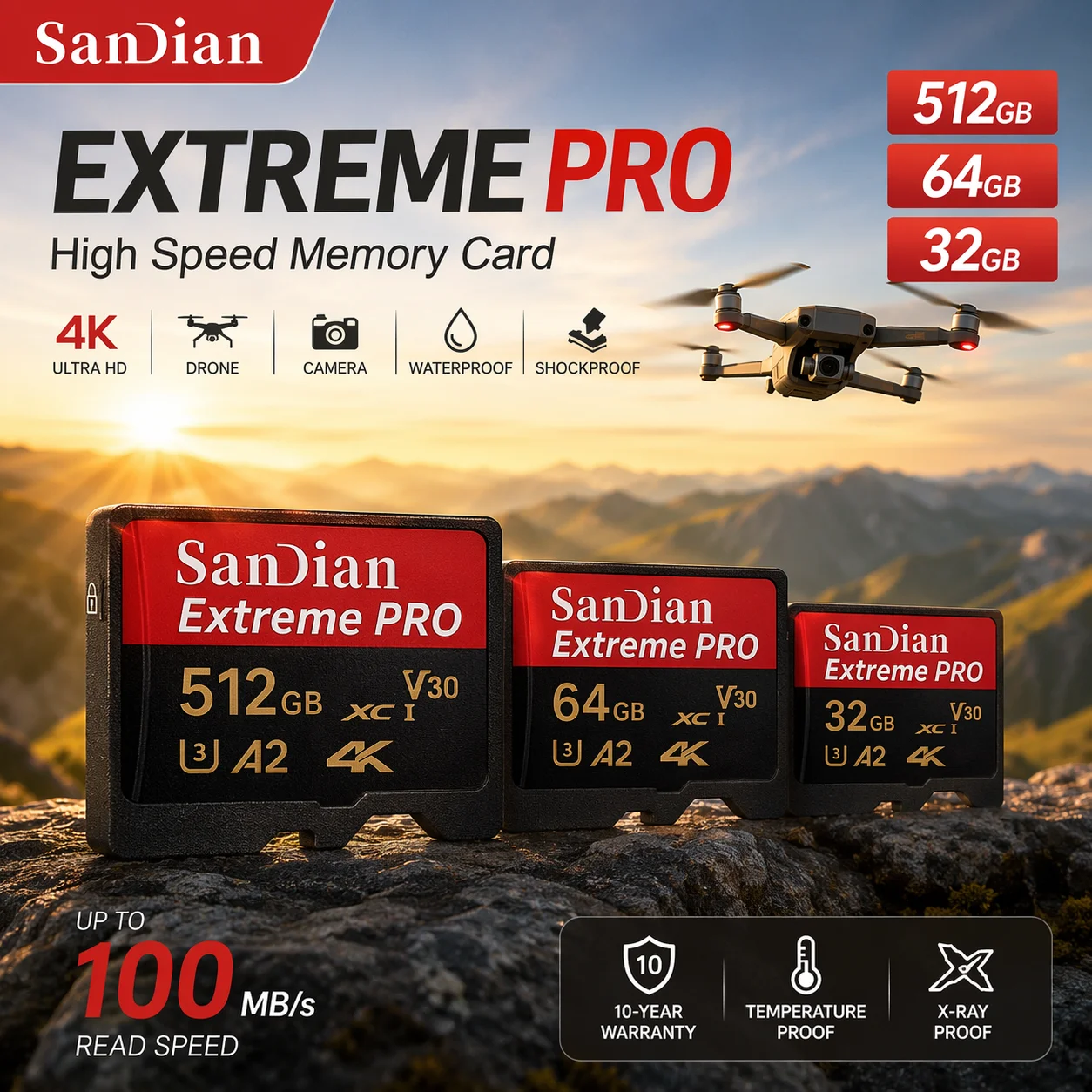 128GB Memory Card High-Speed V30 A2 4K Micro TF SD Card 512GB 256GB Micro TF SD Adapter for Cam Smart Phone/Tablet/PC Cross-Use