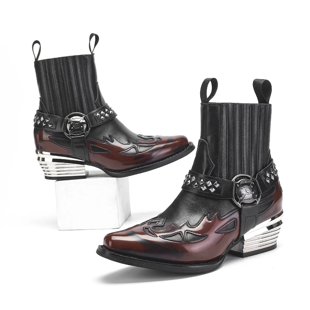 Women Square Toe Motorcycle Boots, Mixed Color Patchwork Leather, Metal Rivet Decor Chunky Square Heel Fashion Ankle Boots