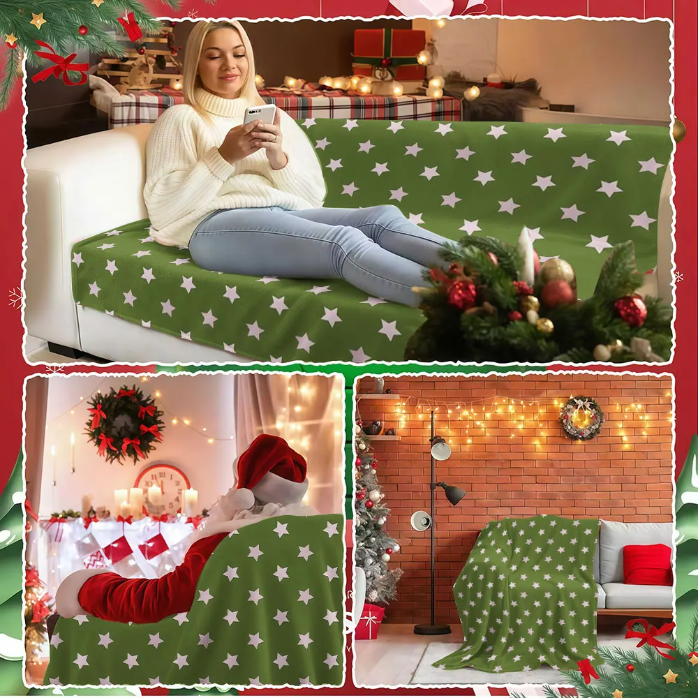 Olive Green Pink Stars Winter Summer Flannel Blanket Throw Fleece Soft Fuzzy Plush Cozy Fleece Blankets for Sofa Ideal Gifts