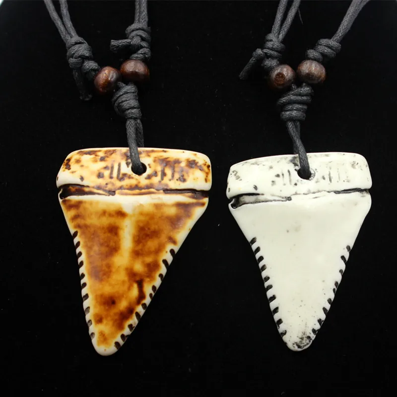 3PCS SETShark Tooth Necklace Men's Imitation Bone Carving Pendant Adjustable Tourism Commemorative Ornament Wholesale