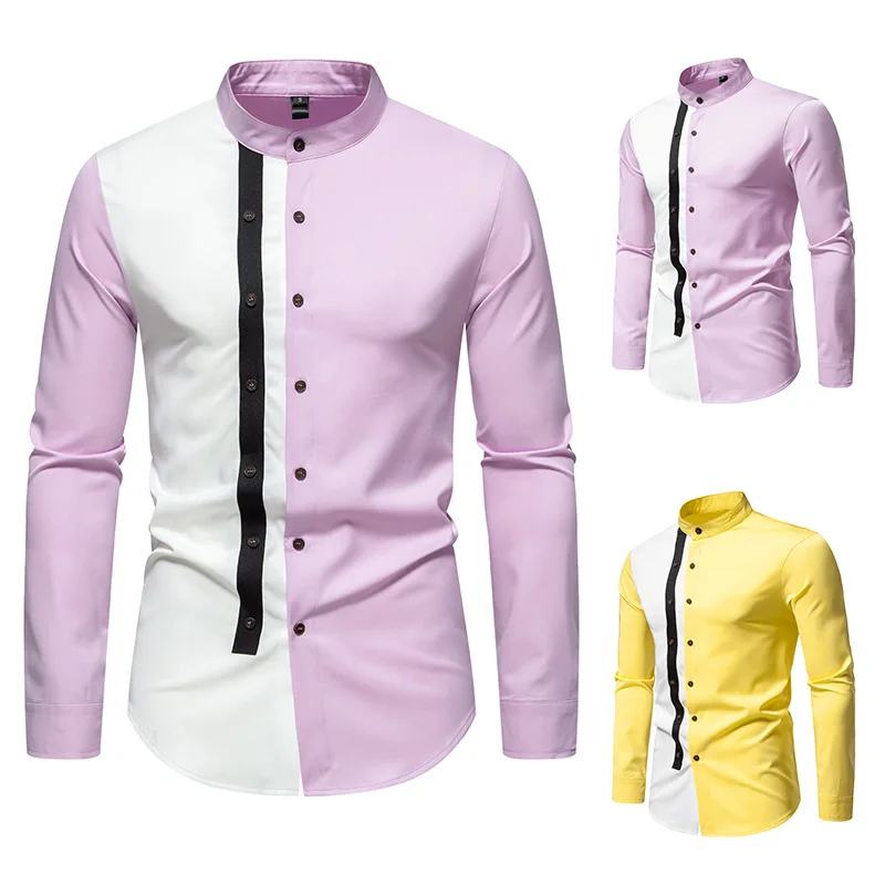 

2024 Spring and Autumn New Men's Shirts Henry Collar Colored Personalized Trendy Long Sleeved Shirts