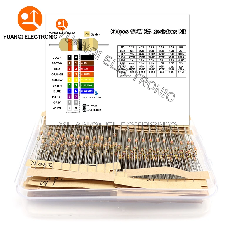 640pcs 1/8W Carbon Film Resistor Kit 5% Resistance Assorted Set 64valuesX10pcs 1R - 10M ohm 0.125W Sample Pack